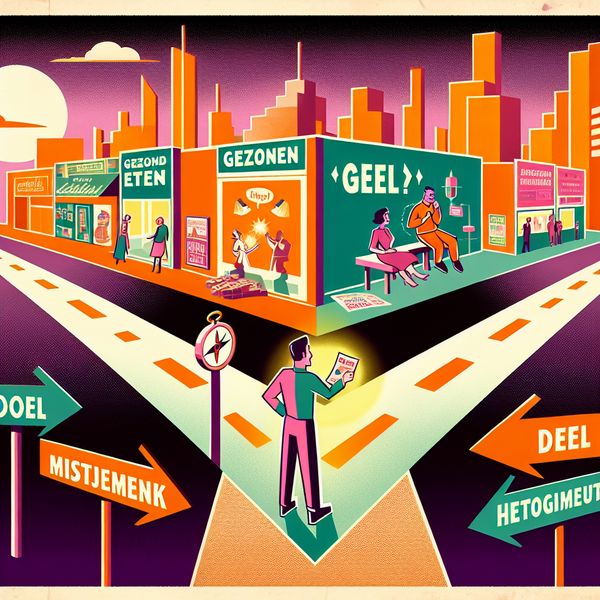 Oogmerk en intentie: illustratie van doelgericht handelen in taal en communicatie Retro-futuristische illustratie van een persoon bij een kruispunt met paden naar gezond eten, miscommunicatie en een neutraal resultaat, met een kompas dat 'Doel' aangeeft