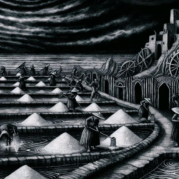 Historische scène van arbeiders die zeezout oogsten aan de kust, omgeven door mist.