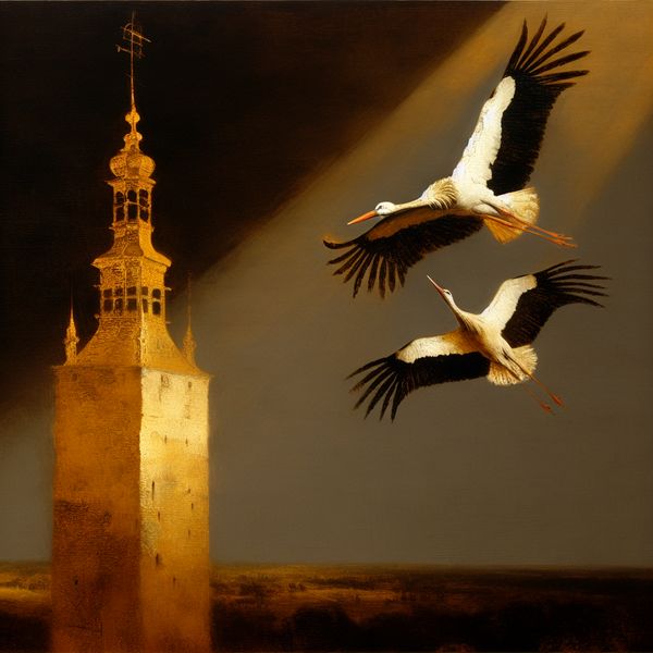 Twee ooievaars zweven in brede kringen rond een gotische kerktoren in een dramatisch Rembrandt-achtig schilderij met rijke chiaroscuro