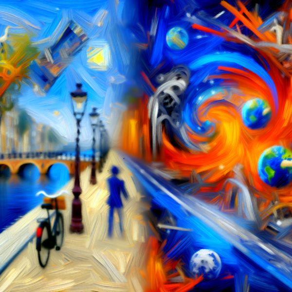 Abstracte voorstelling van 'ooit' - verleden en toekomst in Nederlandse taal Abstract expressionistisch schilderij van een figuur bij een kruispunt tussen verleden en toekomst, symboliserend het Nederlandse woord 'ooit'