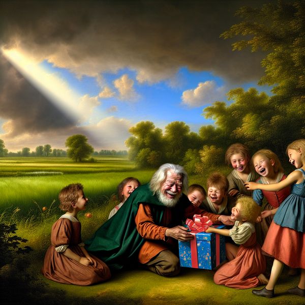 Vrolijk oompje met kinderen op het platteland Oompje presenteert een cadeau aan blije kinderen in een pittoreske landelijke omgeving met groene velden en een dramatische lucht.