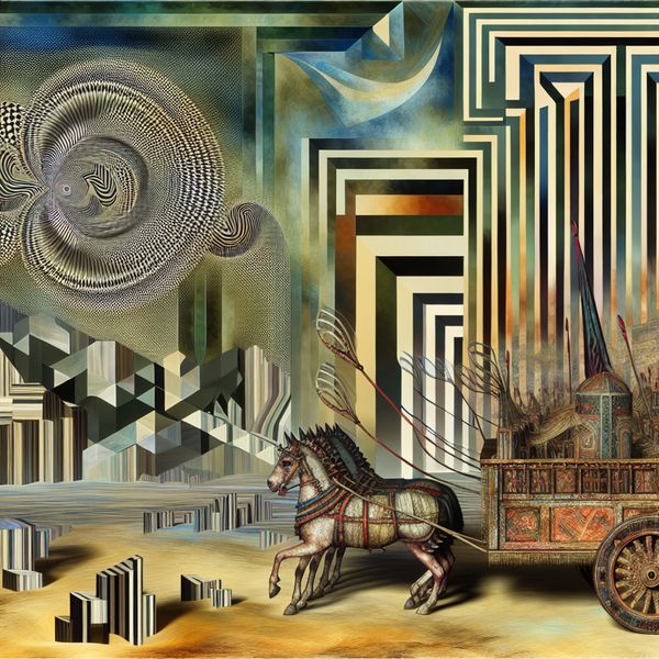 Een surrealistische voorstelling van een oorlogskar voor een gedetailleerde schatkaart met geometrische patronen en illusies.