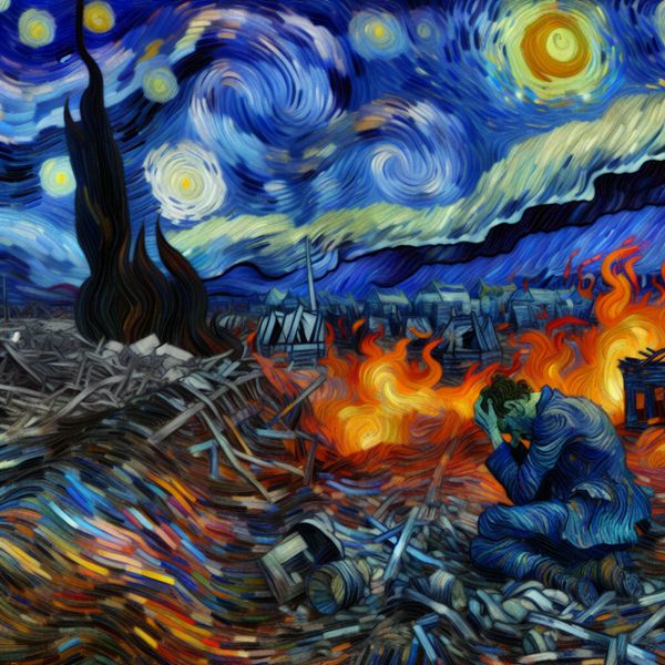 Een huilende figuur in een oorlogslandschap, omringd door puin en een donkere lucht, in de stijl van Vincent van Gogh.