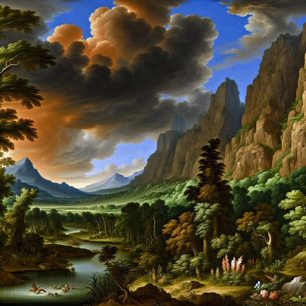 Landschap van de oorsprong van leven op aarde Een majestueus landschap met bergen, een rivier en weelderige vegetatie die de oorsprong van leven op aarde symboliseert.