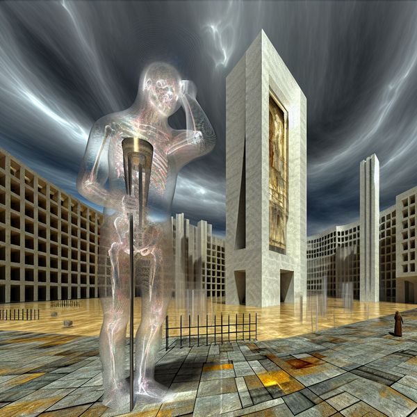Surrealistisch tafereel van een eenzame figuur met hoofdpijn in een verlaten stadsplein, symboliserend een onbekende oorzaak of gevolg