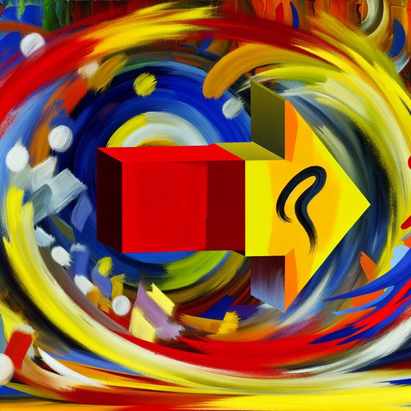 Oorzaak en gevolg abstract schilderij - taal leren Nederlands Abstract schilderij van een kleurrijke pijl die uit een chaotische wirwar van vormen en kleuren wijst naar een symbool van succes, ter illustratie van oorzaak en gevolg in taal