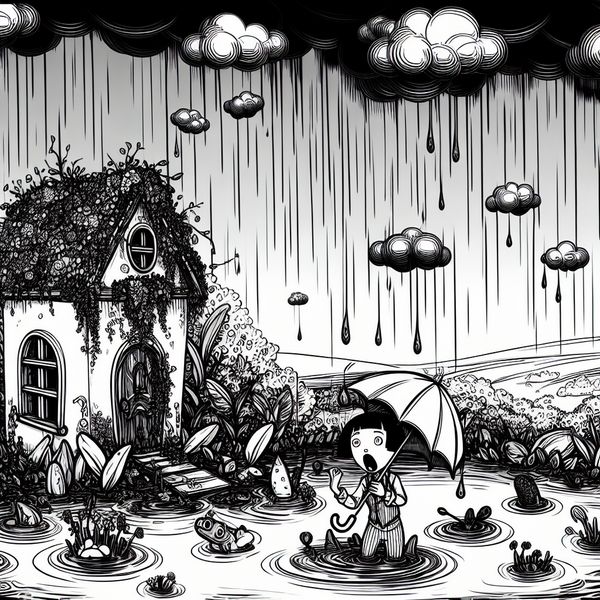 Kleine cartoonfiguur kijkt geschokt naar overstroomde tuin na hevige regenbui, illustratie van oorzaak en gevolg