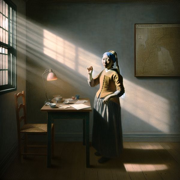 Tijdsaanduiding in alledaagse scène: op dit moment leren met Vermeer-stijl Persoon in rustige kamer met handgebaar dat 'wacht even' aangeeft, symboliserend voor 'op dit moment' of 'nu' in een alledaagse situatie
