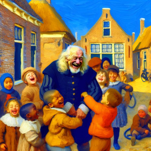 Opa en kinderen: hartverwarmende aanspreekvorm voor oudere mannen in Nederland Vriendelijke opa met lachende kinderen in een typisch Nederlands straatje, geschilderd in de stijl van Frans Hals