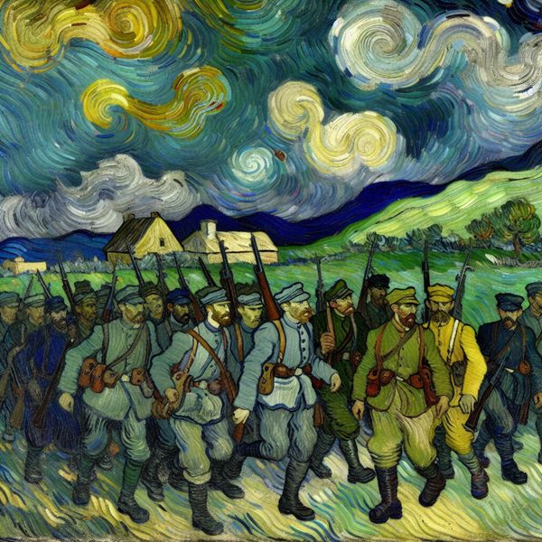 Historische opdracht in Van Gogh-stijl: soldaten op missie naar dorp Groep vastberaden soldaten in historische uniformen marcheert onder stormachtige lucht naar een dorp, symboliserend een belangrijke opdracht of missie in Van Gogh-stijl