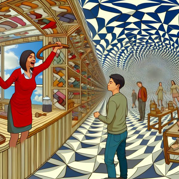 Surrealistische illustratie van een opdringerige verkoper in geometrische winkel Een opdringerige verkoper staat met een overdreven, enthousiaste uitdrukking voor een overweldigde klant in een surrealistische winkel vol bizarre, optische illusies.