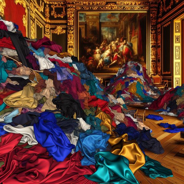 Opeenhoping van kleren in barokstijl - Nederlandse woordenschat voor taalstudenten Barokke voorstelling van een chaotische opeenhoping van luxe kledingstukken op de vloer in een rijkversierde kamer, met dramatische belichting en levendige kleuren