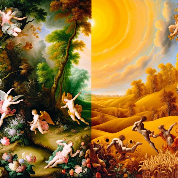Opeenvolging der seizoenen: Barokke weergave van lente naar zomer in Rubens-stijl Barokke voorstelling van de opeenvolging der seizoenen met lente en zomer, symboliserend logische volgorde en chronologische overgang