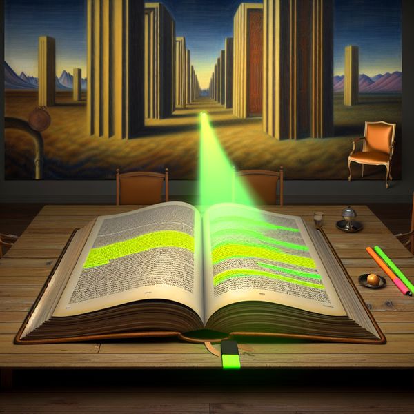 Open boek met gemarkeerde tekst in surrealistische setting Een open boek op een houten tafel met kleurrijk gemarkeerde woorden en een surrealistisch landschap op de achtergrond.