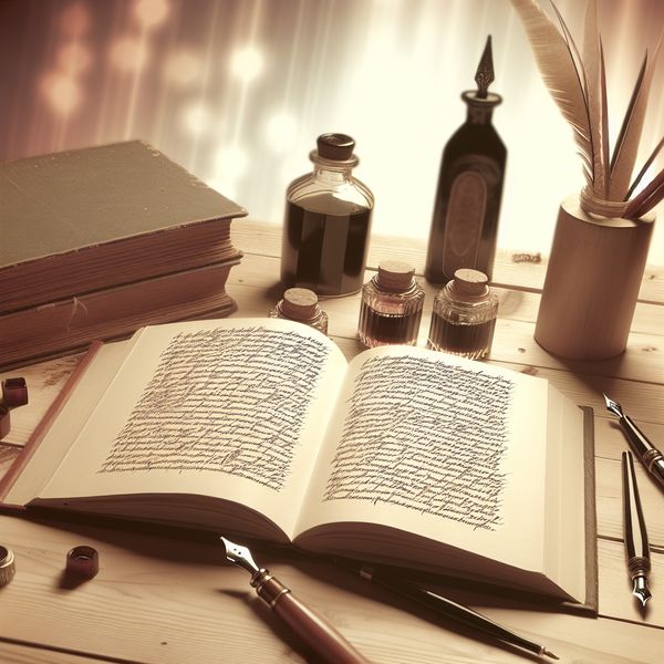 Een open boek op een houten tafel met intricate tekst en gemarkeerde secties, omringd door vintage pennen en inktflessen.