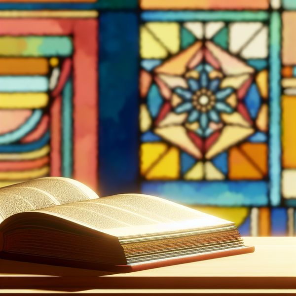 Open boek op houten tafel in warme verlichting voor taalleren Een open boek met een ornate omslag ligt op een houten tafel, omringd door geometrische vormen in een retro-futuristische stijl.