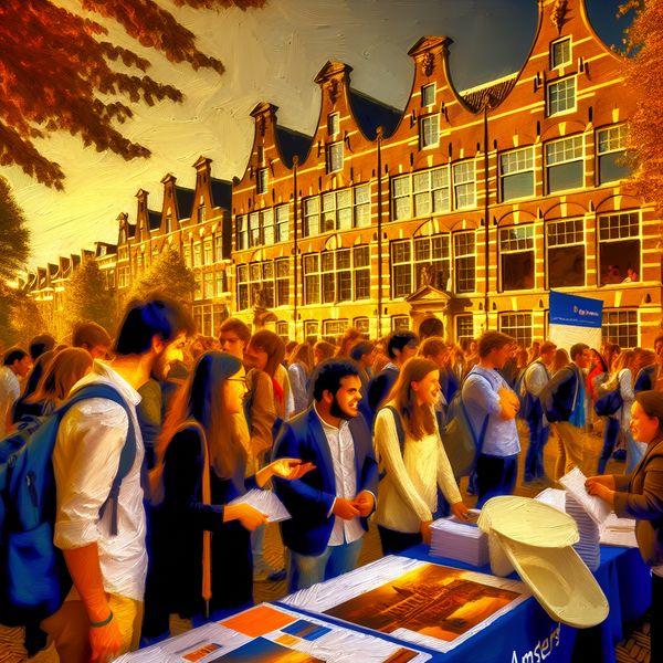 Diverse nieuwe studenten tijdens een open dag op een universiteit in Amsterdam, in interactie met vriendelijke medewerkers.