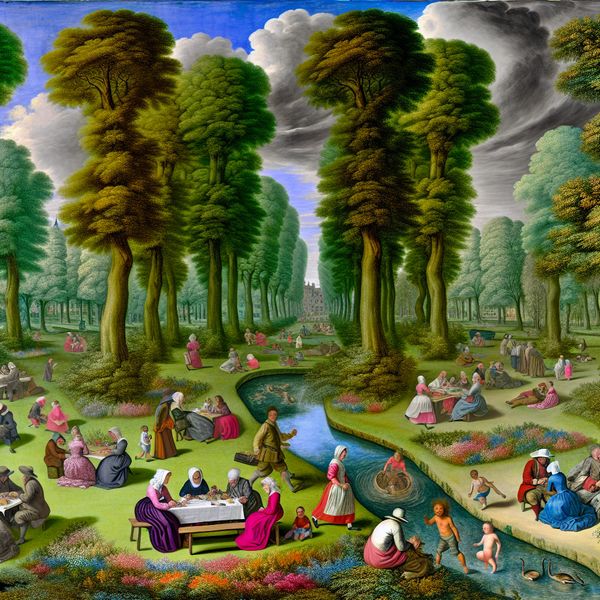 Serene Park met Diverse Activiteiten en Mensen Een serene en majestueuze park waar diverse groepen mensen genieten van de ruimte, met families die picknicken en kinderen die spelen