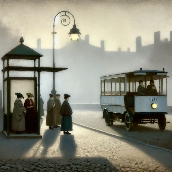 Stille ochtendscène bij een bushalte in Vermeer-stijl met een klassieke bus en wachtende passagiers in historische kleding met moderne accenten