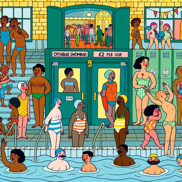 Kleurrijke cartoon van een openbaar zwembad met diverse bezoekers van alle leeftijden en achtergronden, toegankelijk voor iedereen met brede ingang, hellingbanen en leuningen