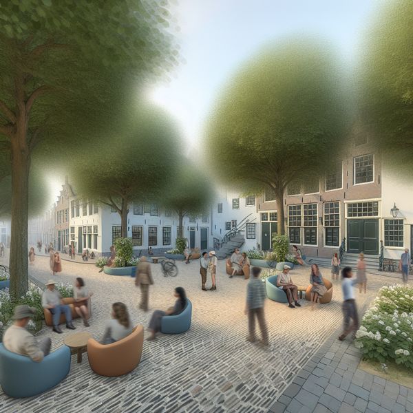 Openbare plein voor sociale interactie en gemeenschapsfuncties Drukke en gastvrije openbare plein waar diverse mensen in gesprek zijn en activiteiten ondernemen