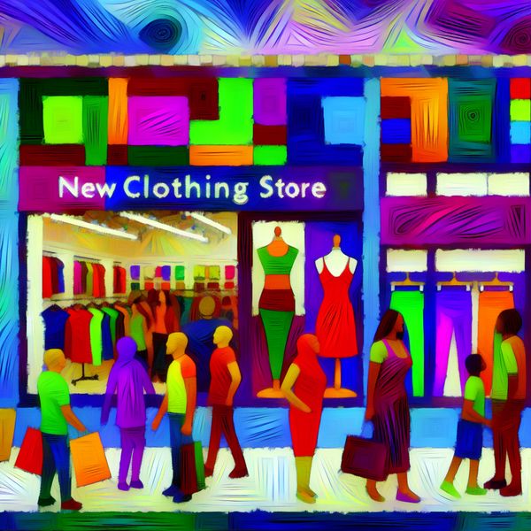 Abstracte weergave van een nieuwe kledingwinkelopening met kleurrijke borden, etalages en blije shoppers.