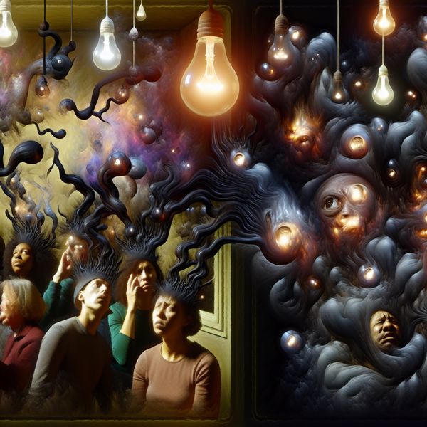 Opgebouwde spanning en emoties voor uitbarsting - surrealistische weergave Surrealistisch tafereel van opgebouwde spanning en emoties die zich samenpakken als donkere, rokerige slierten rond mensen in een kamer, net voor een uitbarsting