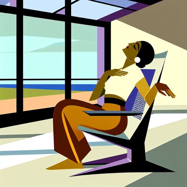 Opgelucht gevoel: verlichting en ontspanning na spanning in retro-futuristische stijl Illustratie van een persoon die opgelucht en ontspannen in een retro-futuristische kamer zit, met een diepe zucht van verlichting
