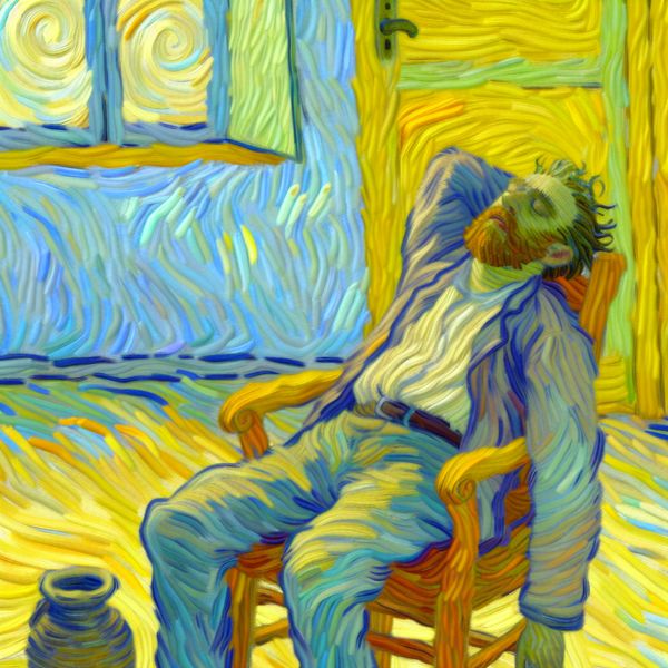 Opluchting na inspanning - expressieve Van Gogh-illustratie van vermoeidheid en verlichting Persoon die opgelucht en vermoeid in een stoel zit na een lange dag, in Van Gogh-stijl met warme kleuren en expressieve penseelstreken