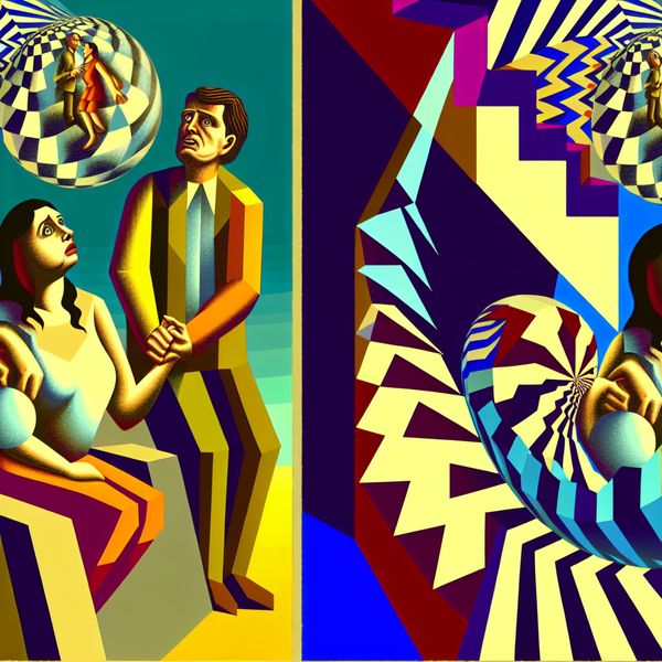Opgelucht Blije Ouders in Surrealistische Wereld Abstracte afbeelding van een emotionele scène met ouders die hun kind omhelzen in een surrealistische wereld, geïnspireerd door M.C. Escher.