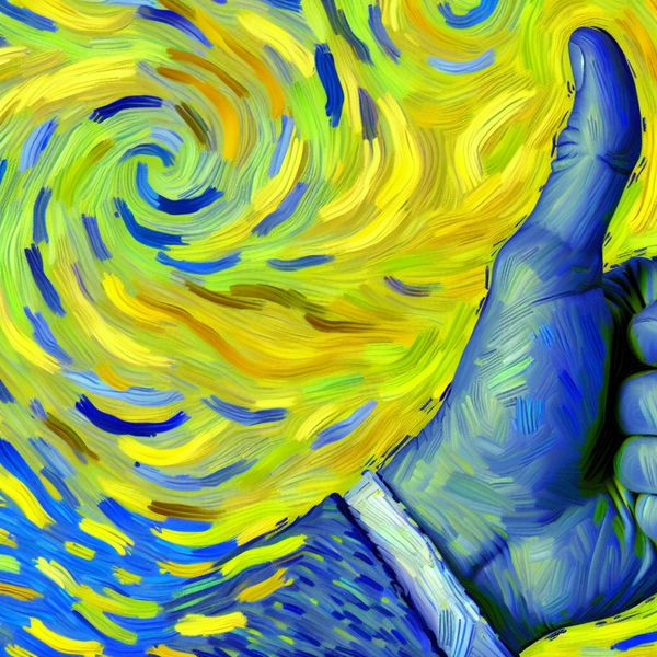 Opgestoken duim betekenis: stand met de bovenkant naar boven gericht - Van Gogh stijl illustratie Illustratie van een opgestoken duim in Van Goghs stijl, symboliserend goedkeuring en de betekenis 'met de bovenkant naar boven gericht' in het Nederlands