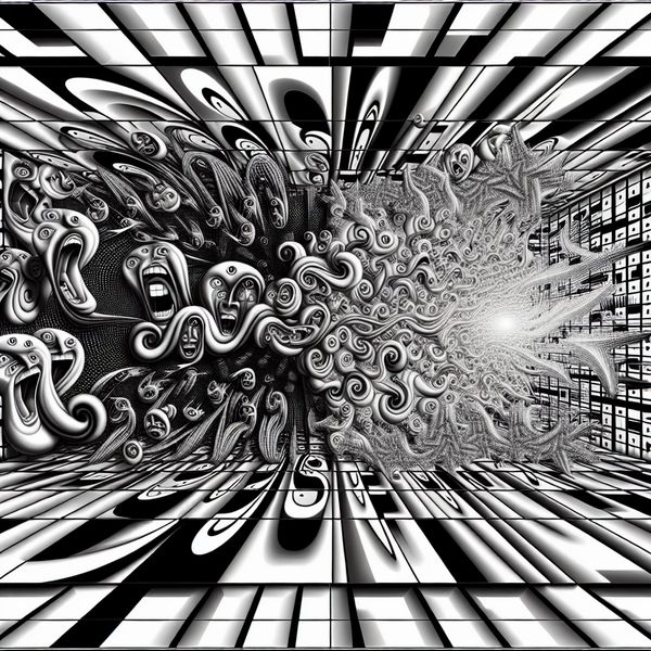 Surrealistische voorstelling van ophef met chaotische emoties en reacties in de stijl van M.C. Escher, met roepende gezichten, wijzende handen en uitroeptekens in spraakballonnen