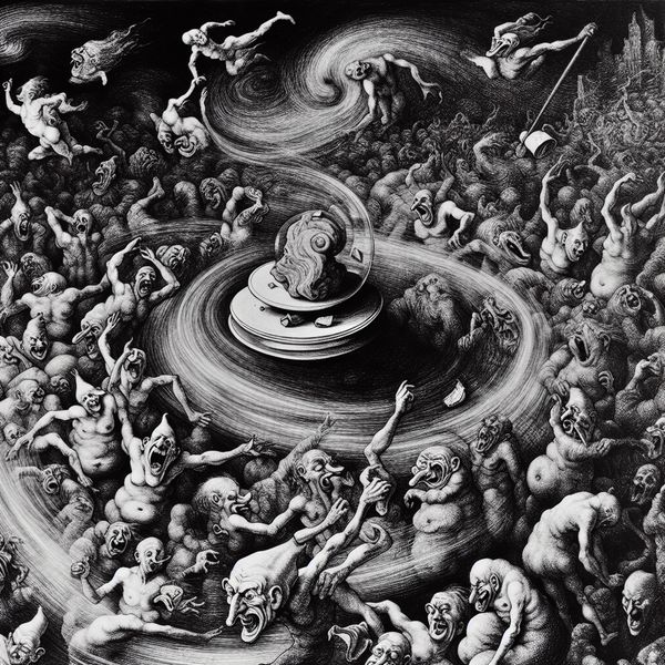 Surrealistische illustratie van een kleine, onbelangrijke voorwerp zoals een gebroken kopje in het midden van een chaotische wervelwind met overdreven boze en absurde figuren, symbool voor ophef om niets