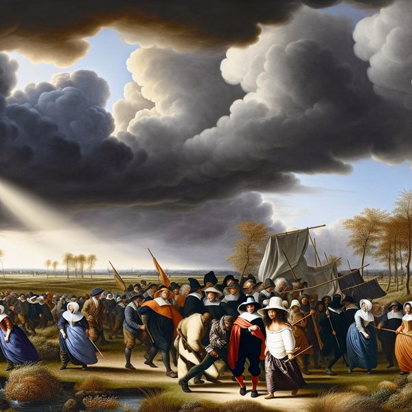 17e-eeuws Hollands landschap met groep vastberaden activisten die opkomen voor een rechtvaardige zaak onder een dramatische lucht
