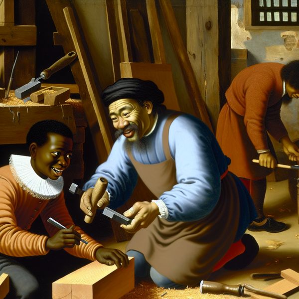 Levendige werkplaatsscène in de stijl van Jan Steen: een ervaren timmerman leert een jonge leerling hoe een beitel te gebruiken, omringd door gereedschap en houten projecten