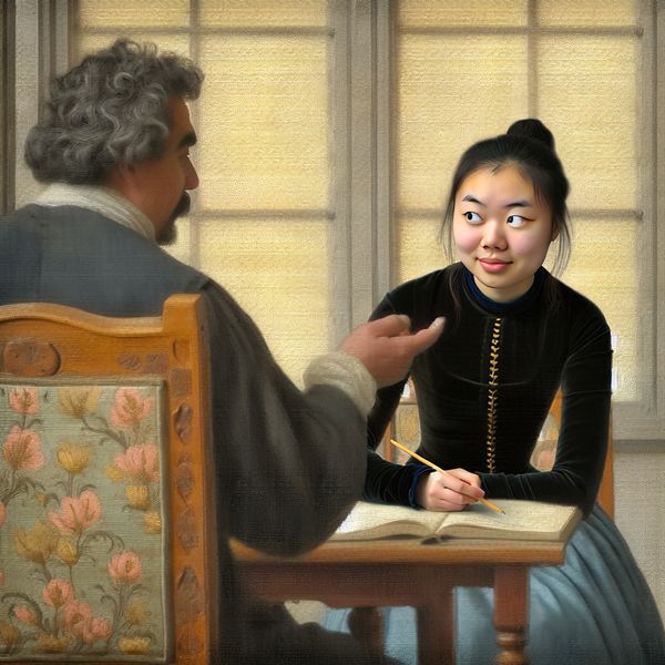Jonge vrouw in een klaslokaal, gefocust op de les, met een intensieve en oplettende uitstraling.