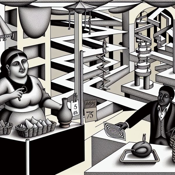 Surrealistische marktscène in de stijl van M.C. Escher waarin een verkoper een klant oplicht met een overdreven hoge prijs