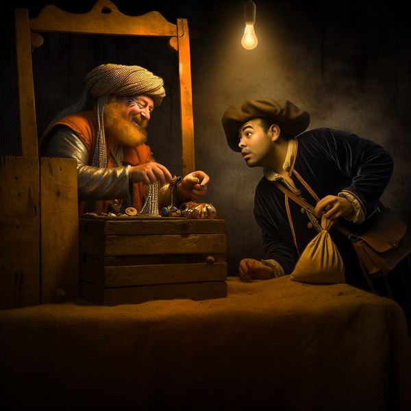 Oplichten op de markt: historische scène van bedrog en overprijsde waar 17e-eeuwse marktscène in Rembrandt-stijl: sluwe verkoper houdt overgeprijsd product vast terwijl argeloze klant twijfelend betaalt