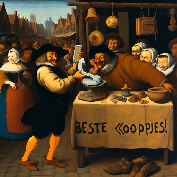 Oplichting op de markt: klassieke afzetterij in Nederlandse schilderkunst Schilderij in de stijl van Jan Steen van een sluwe marktkoopman die een neptelefoon verkoopt aan een teleurgestelde klant in een chaotische markt