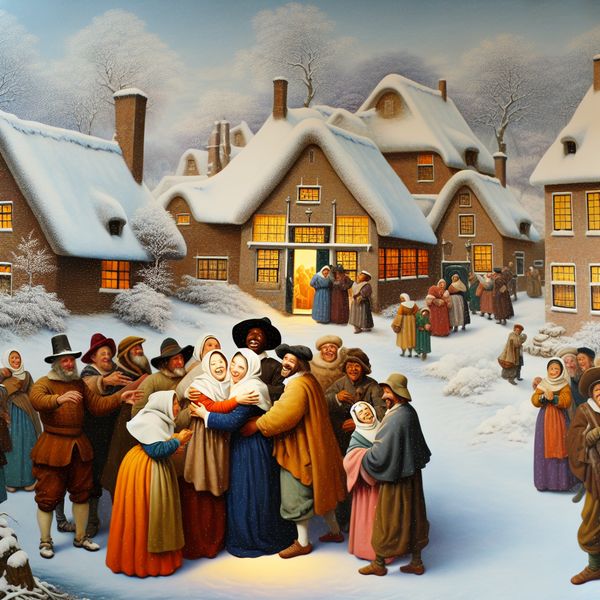 Gezellige winterse dorpsscène met vrolijke mensen die elkaar omhelzen bij een warm verlichte woning, symboliserend opluchting na lang wachten