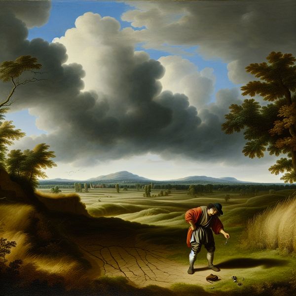 Man in windswept landschap houdt gefrustreerd zijn hoofd vast terwijl hij zijn sleutels verliest, symboliserend herhaling en opnieuw beginnen