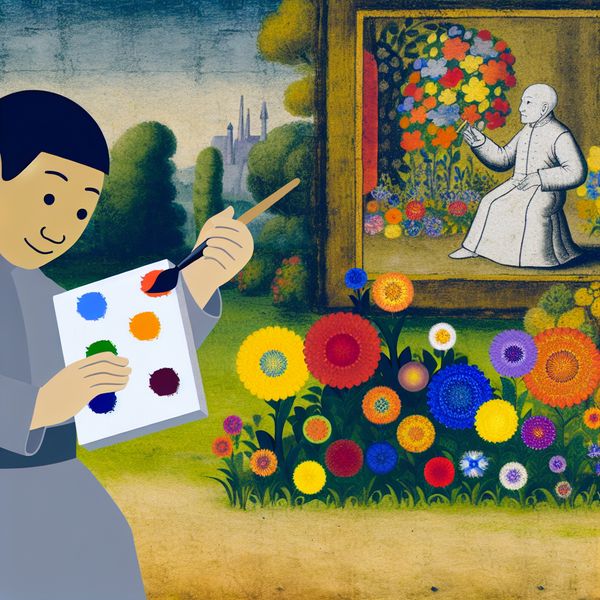 Oppoetsen: het opvrolijken van boeken met kleur Een cartoonfiguur dat een saaie grijze prentenboek opvrolijkt met heldere kleuren in een minimalistische tuin.