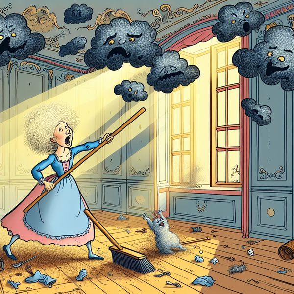 Een cartoonfiguur maakt een rommelig kamer schoon met een grote bezem, terwijl donkere wolken hun zorgen symboliseren.