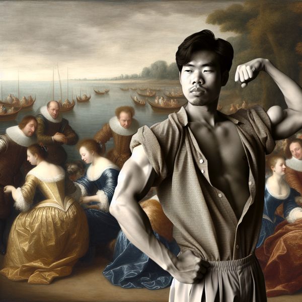 Opscheppen betekenis: schilderij van man die aandacht trekt op strand Gedetailleerde schilderij in stijl van Gerard ter Borch van een gespierde man die opschept op een luxe strand, met overdreven pose en strak linnen shirt