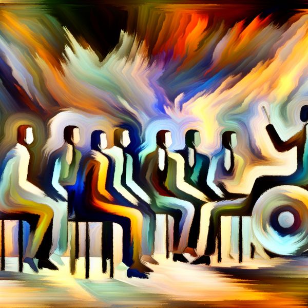 Opstaan uit stoel: abstracte weergave van begroeting en respect in kantooromgeving Abstract expressionistisch kantoortafereel waarbij mensen snel opstaan uit stoelen bij binnenkomst van een autoriteitsfiguur