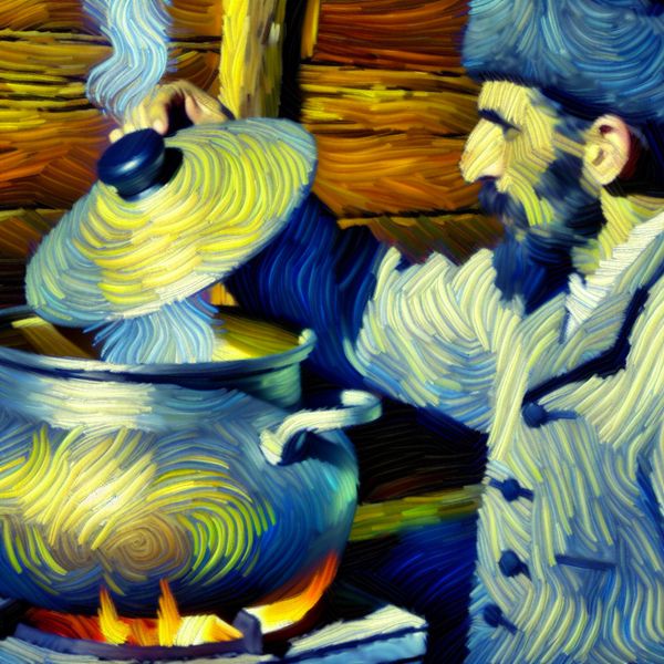 Optillen van deksel van pan - Van Gogh stijl taferel voor taalonderwijs Persoon tilt voorzichtig de deksel van een stomende pan in een warme keuken, geschilderd in de stijl van Vincent van Gogh