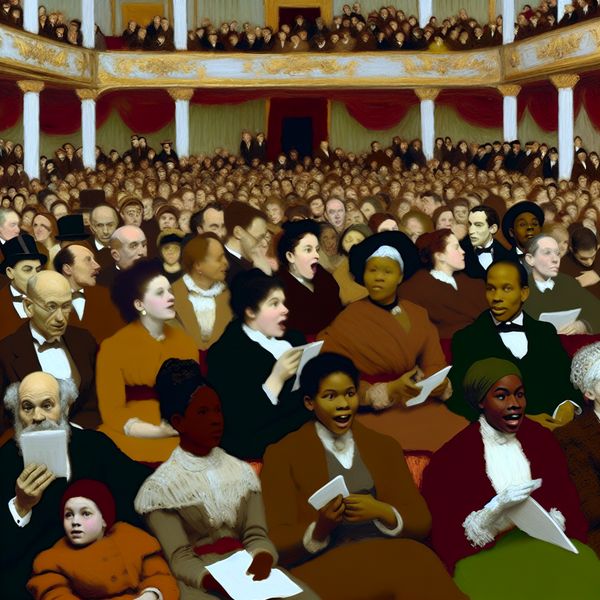 Een theater vol publiek kijkt naar het podium terwijl het gordijn opent