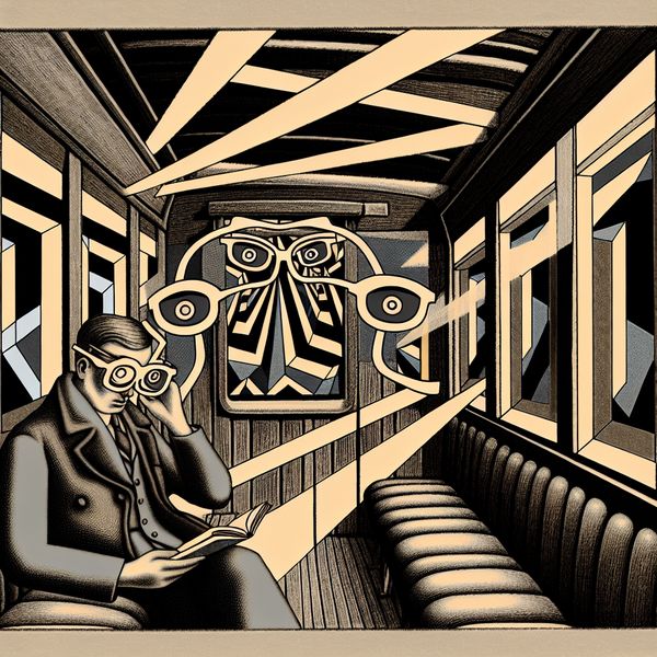 Optische illusie van een lezer met een bril in een surrealistische trein Een persoon met een grote bril leest een boek in een treincompartiment met geometrische patronen en surrealistische elementen.