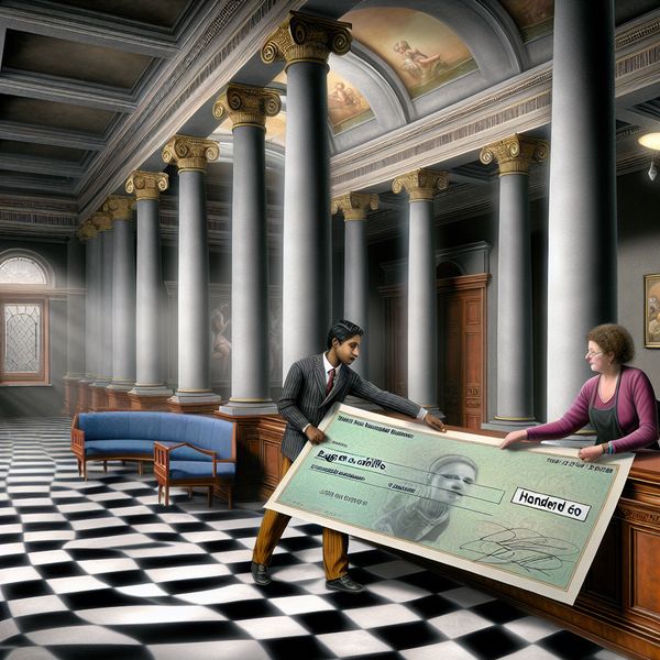 Opulent Bankhal Transactie met Zegge en Schrijve Cheque Opulent bankhal met Romeinse zuilen en geblokte marmeren vloer, met kassier die een sierlijke cheque aan klant presenteert