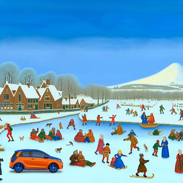 Een kleurrijke winterse scène met een opvallende auto geparkeerd op een drukbezocht bevroren meer, omringd door mensen die schaatsen, sleeën en warme dranken genieten.